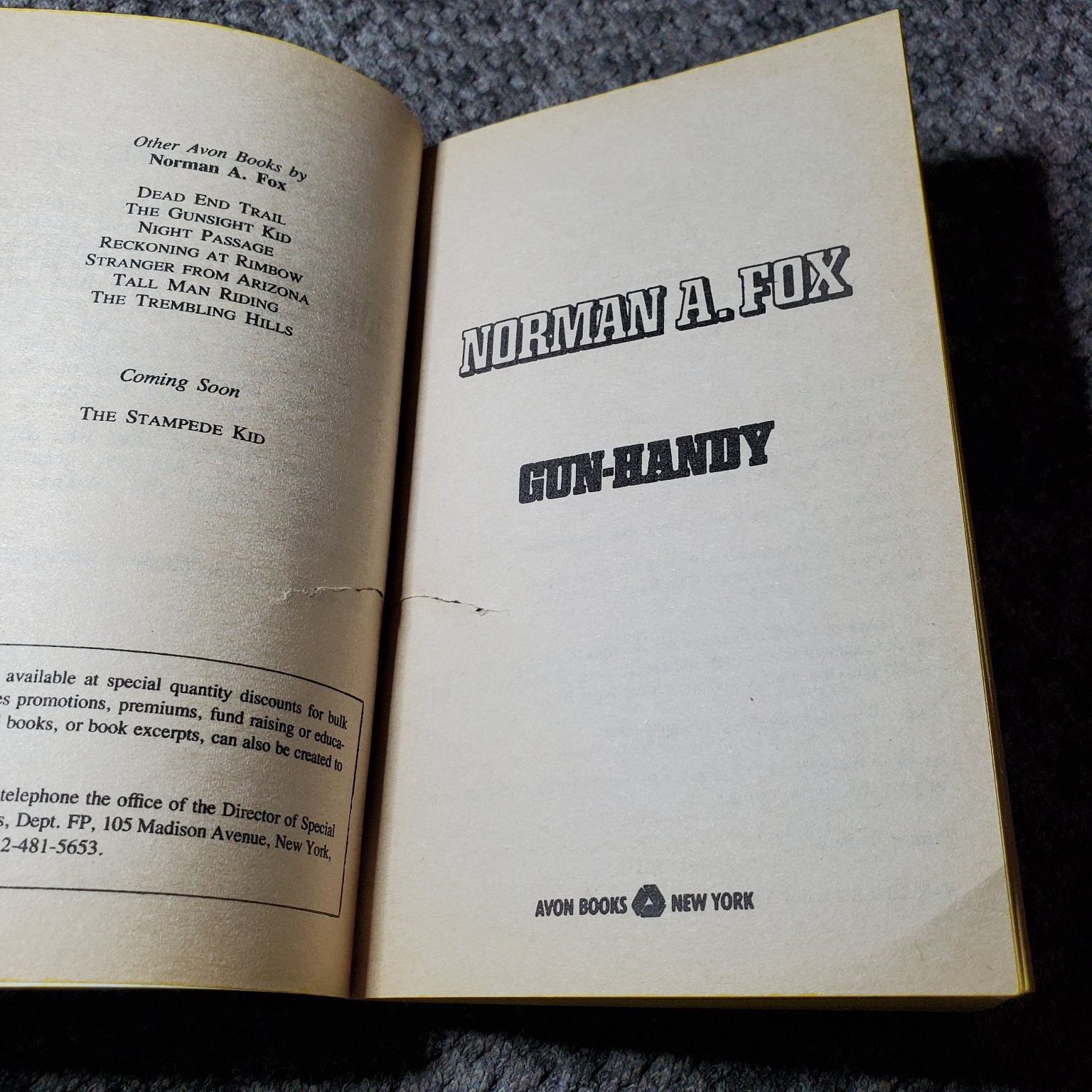 Gun-Handy Norman A. Fox 1989 First Avon Books Printing Western Action Novel