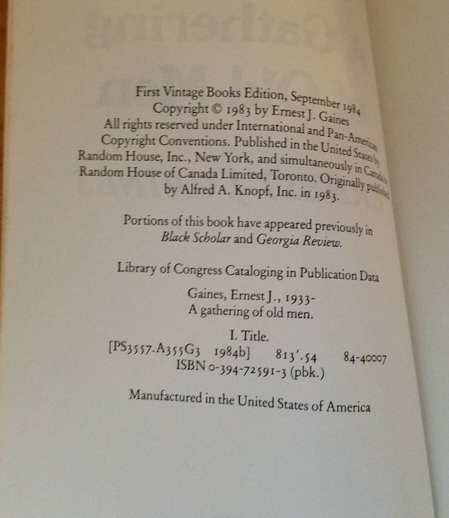 A Gathering of Old Men by Ernest J Gaines (Vintage Books 1984 Paperback Ed.)