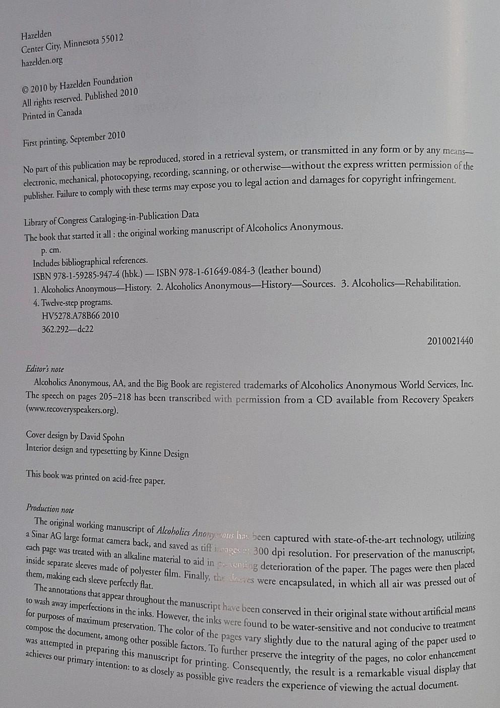 Book That Started It All: Hazelden Publishing. Commemorative Edition. 2010