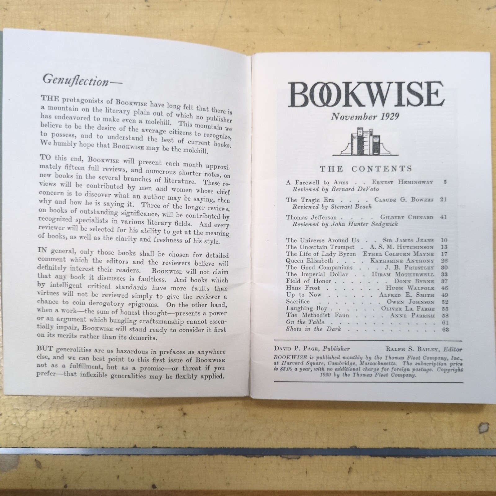 BOOKWISE November 1929 – A Farewell To Arms Hemingway – Segwick – Volume 1 No. 1