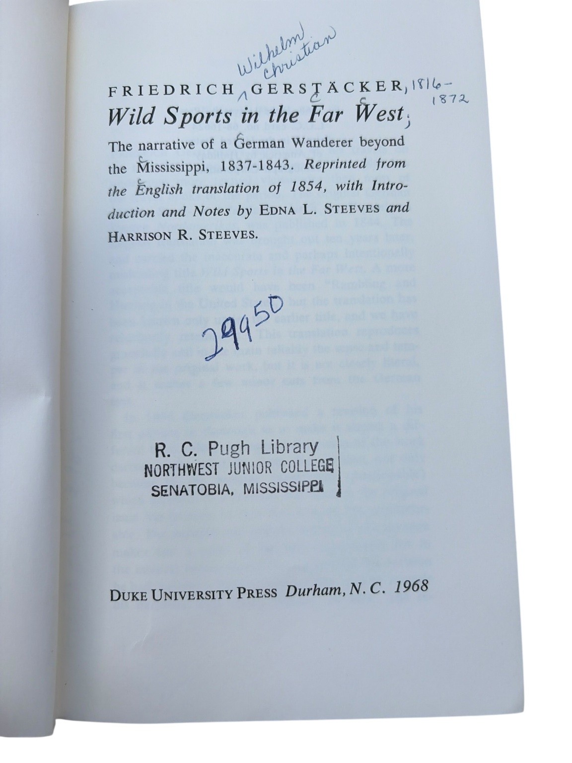 Wild Sports in the Far West Gerstäcker 1968 Hunting Travel Duke University Press