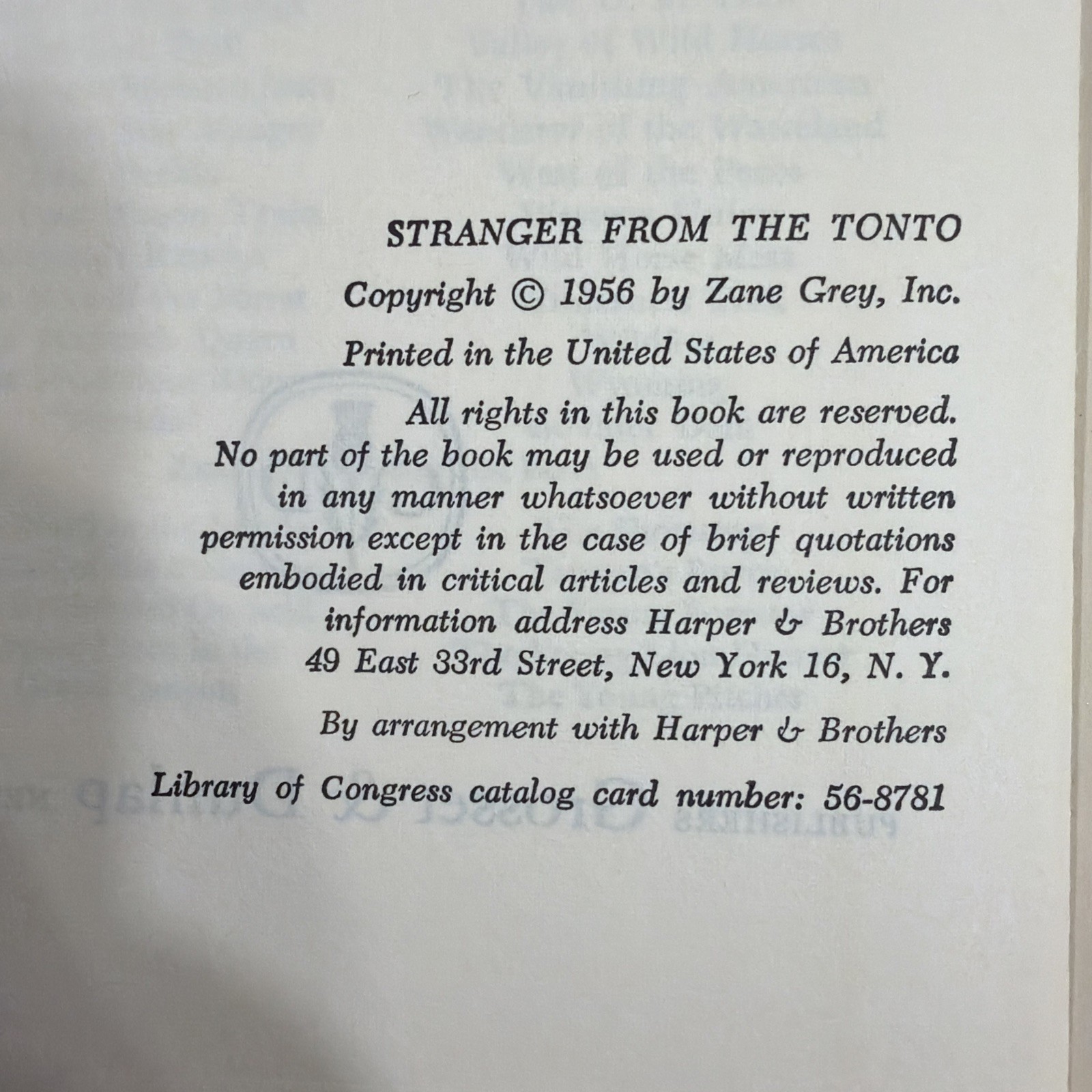Stranger From the Tonto by Zane Grey – Copyright 1956