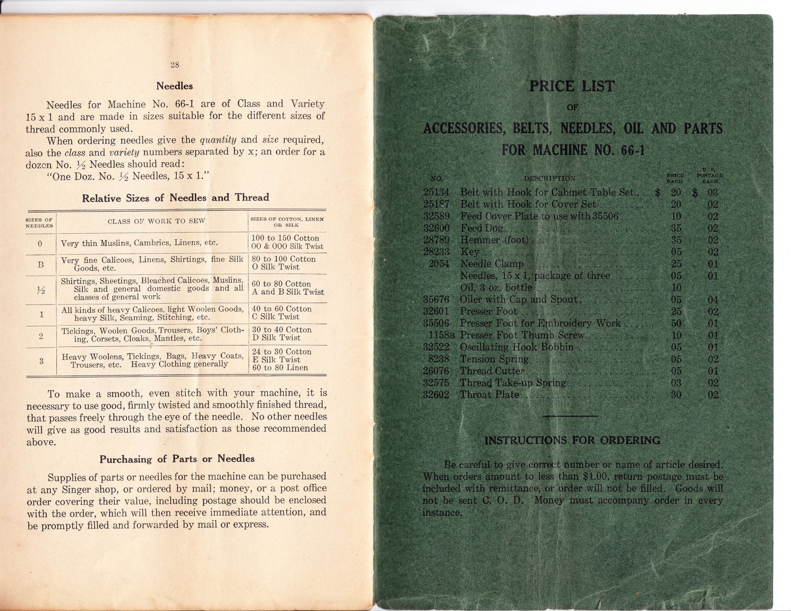 SINGER 66-1 Sewing Machine Instruction Manual – RUGGED WIRE BOUND – TOUGH JACKET