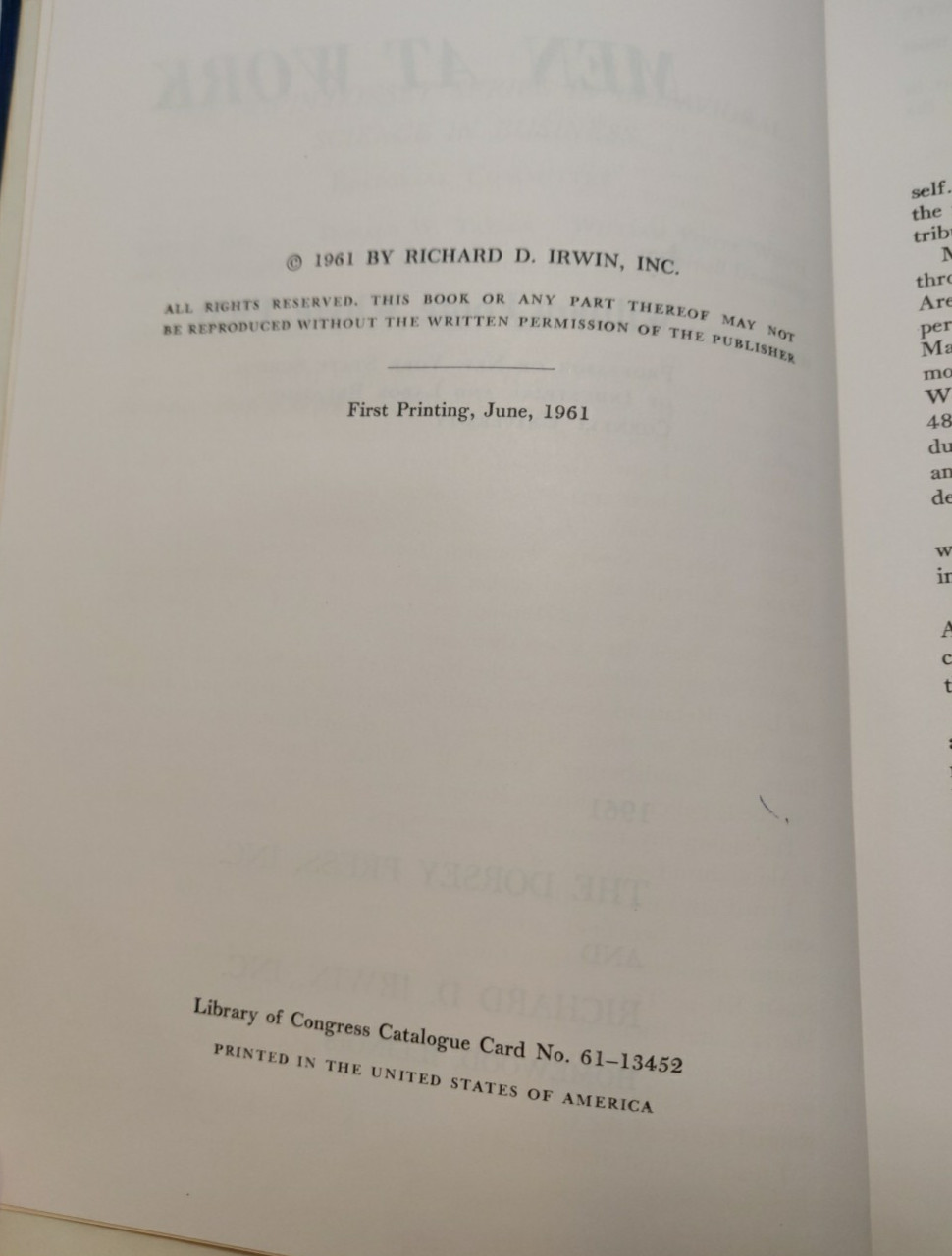 Men At Work William Foote Whyte – USED Hardcover, First Printing 1961 Psychology