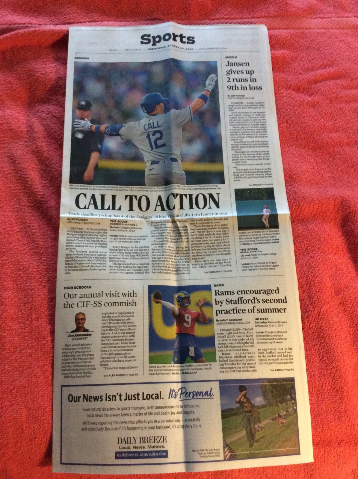 DAILY BREEZE SPORTS SECTION AUGUST 20 2025 DODGERS ALEX CALL DAVE ROBERTS