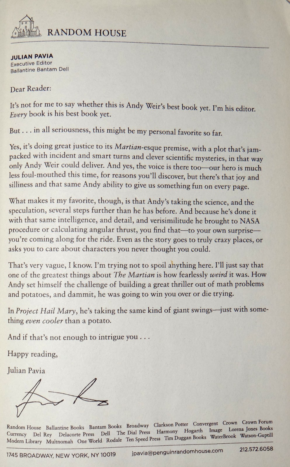 Andy Weir Project Hail Mary Advance Reader’s Copy Uncorrected Proof Good