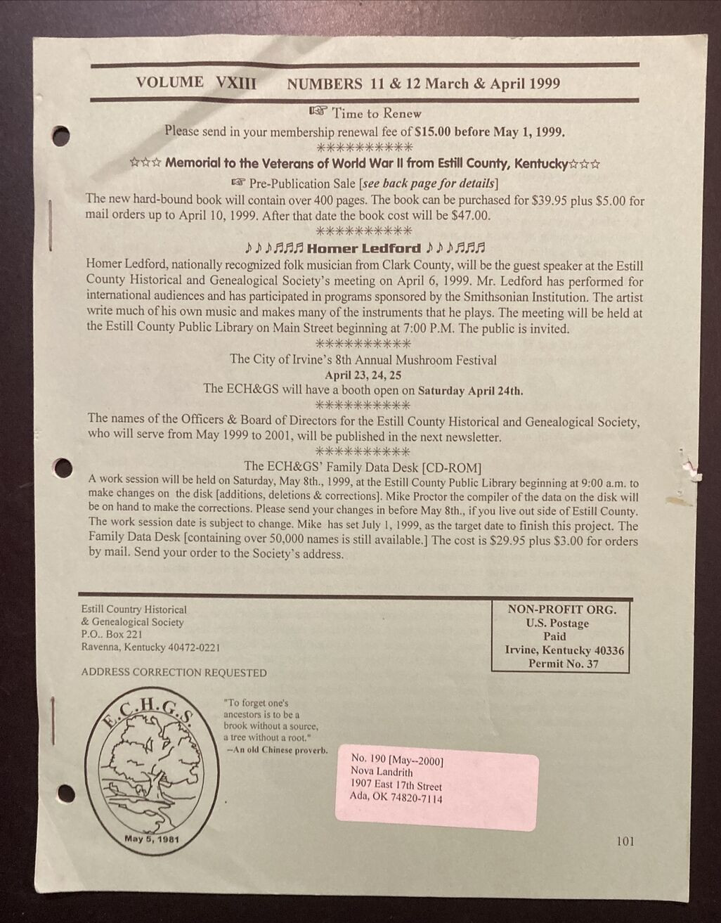 Estill County Kentucky Genealogical Society 1999 Newsletter 6 Issues ECHGS