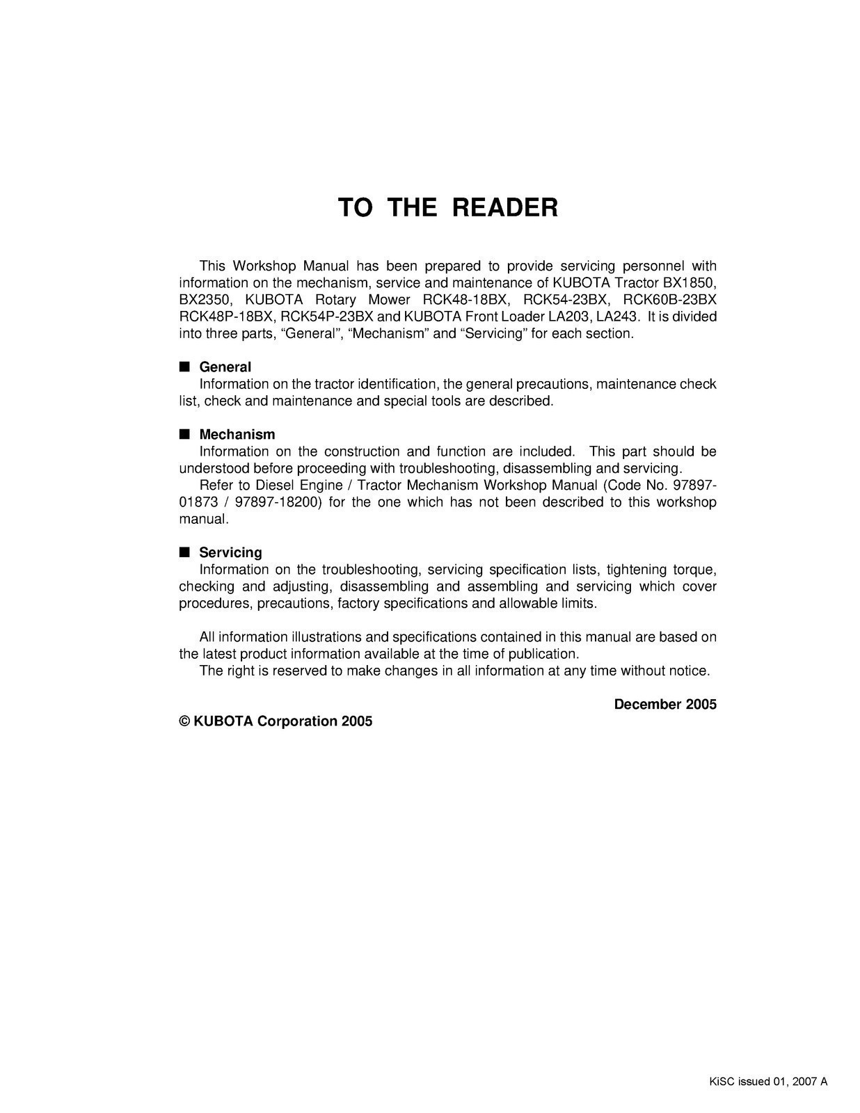 KUBOTA TRACTOR BX1850 BX2350 WORKSHOP MANUAL SECURED, COVERED – XL FOLDOUT PAGES