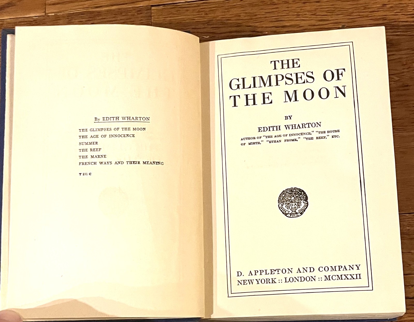 THE GLIMPSES OF THE MOON-1922 Novel-EDITH WHARTON-Excellent D. Appleton 1st HC!