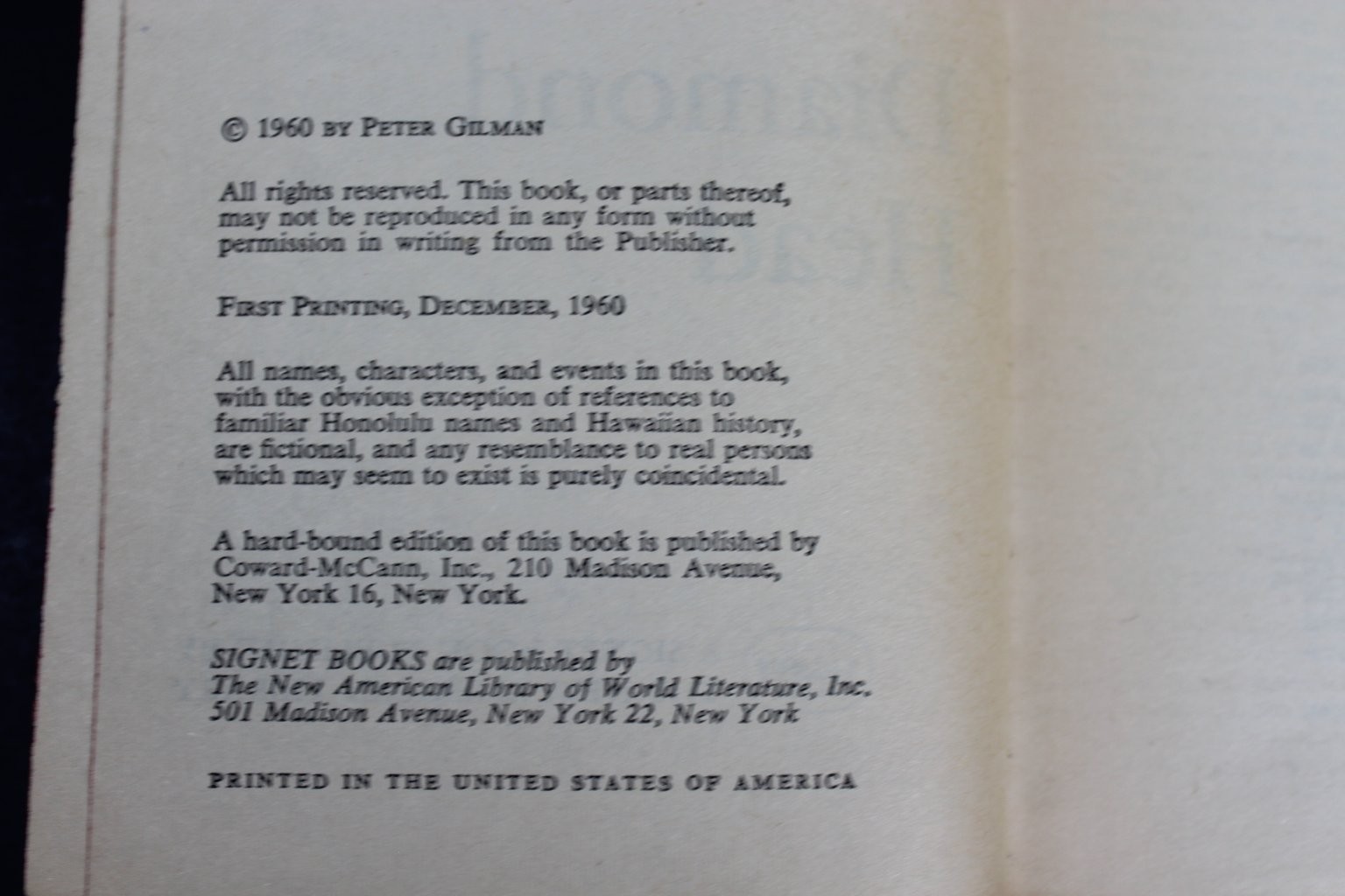 Diamond Head Peter Gilman 1960 First Printing Signet Book Hawaii Novel