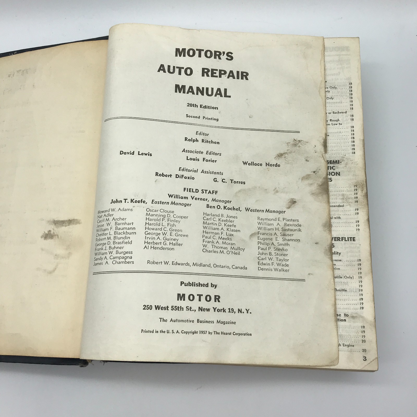 Motor’s Auto Repair Manual 1957 20th Edition by Ralph Ritchen for All 1949-1957