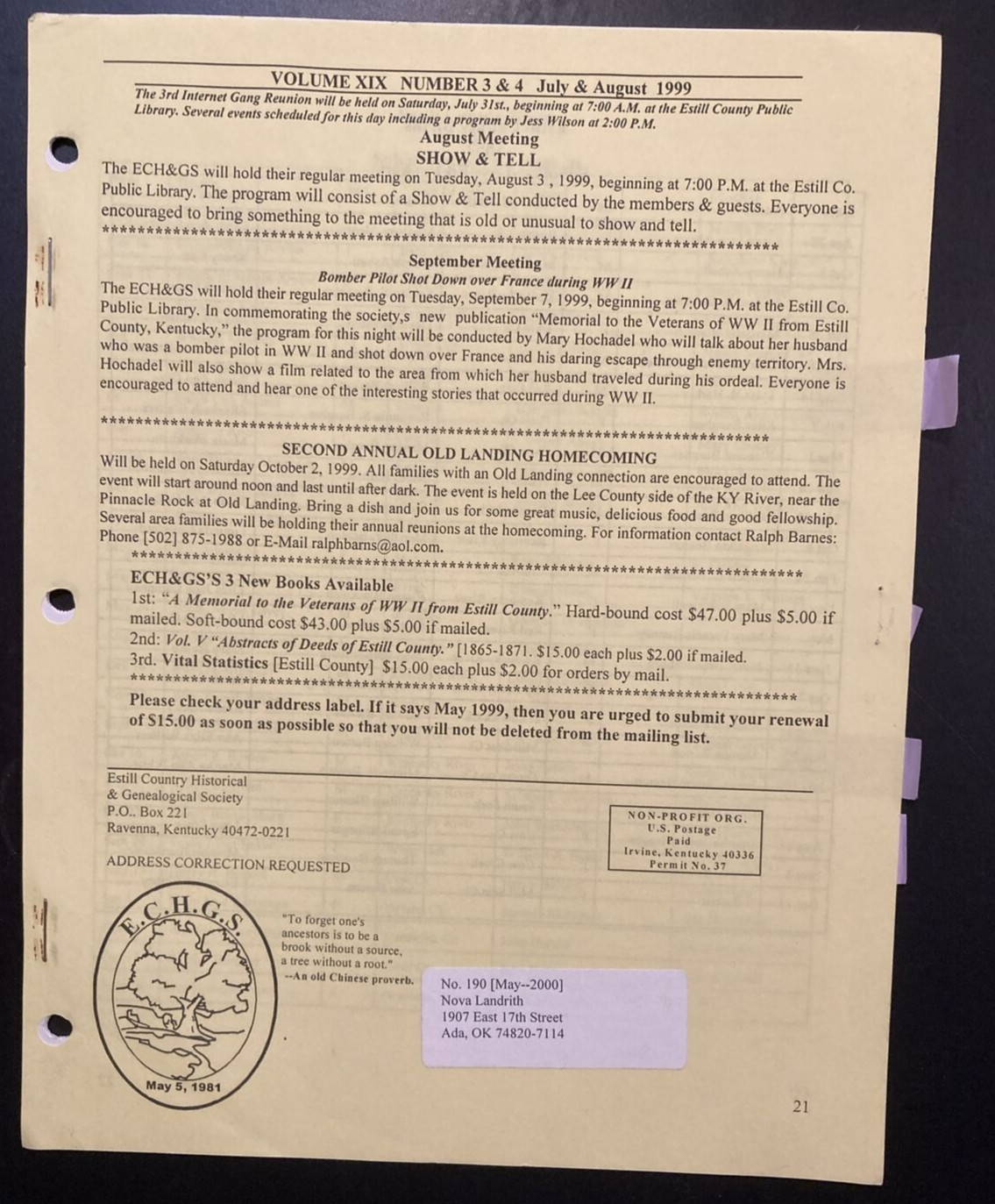 Estill County Kentucky Genealogical Society 1999 Newsletter 6 Issues ECHGS