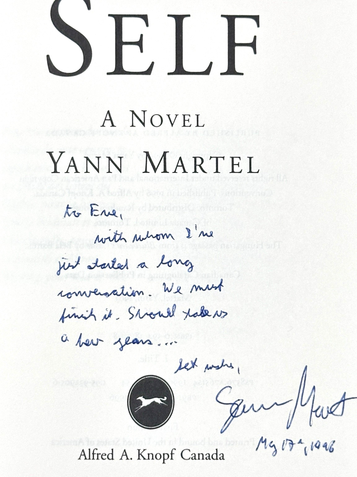 Yann Martel SIGNED Self 1st Edition 1st Printing Hardcover DJ Knopf Canada 1996