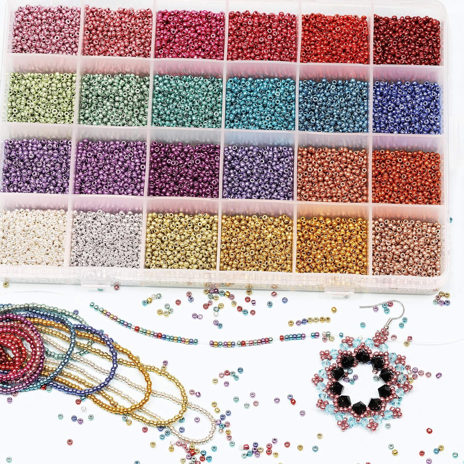 Size 2Mm Seed Beads 24 Colors Total 16800 Pcs in Box, 12/0 Small Craft Seed Bead