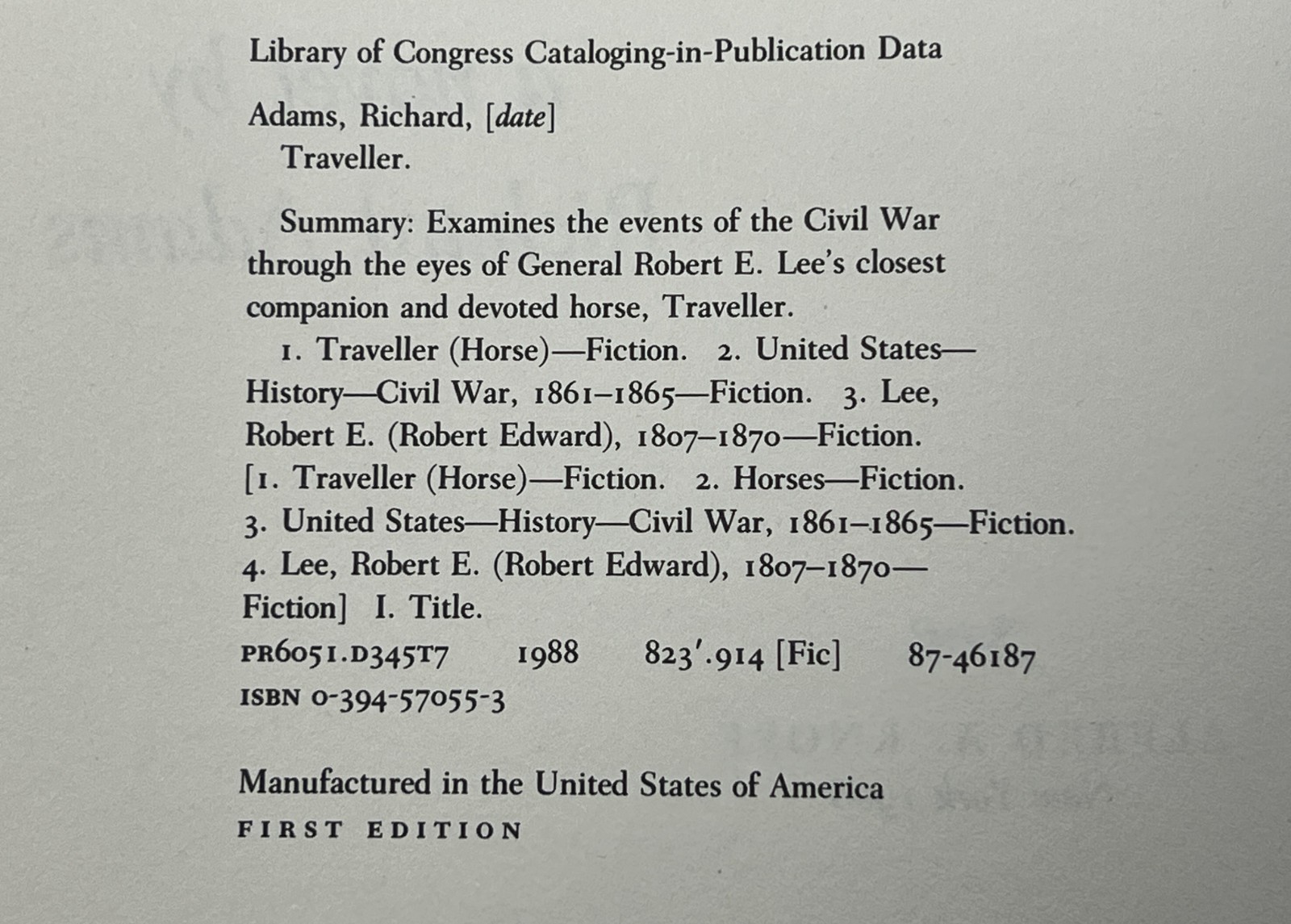 HISTORY: 1ST ED. Traveller by Richard Adams – 1988 HC/DJ Pub. by Alfred A. Knopf