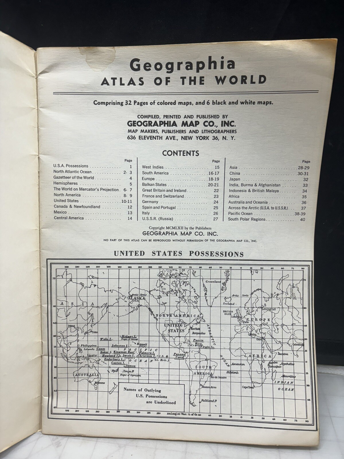 1962 Geographia World Atlas Newly Revised Edition 32 Pages Of Color Maps -MC1