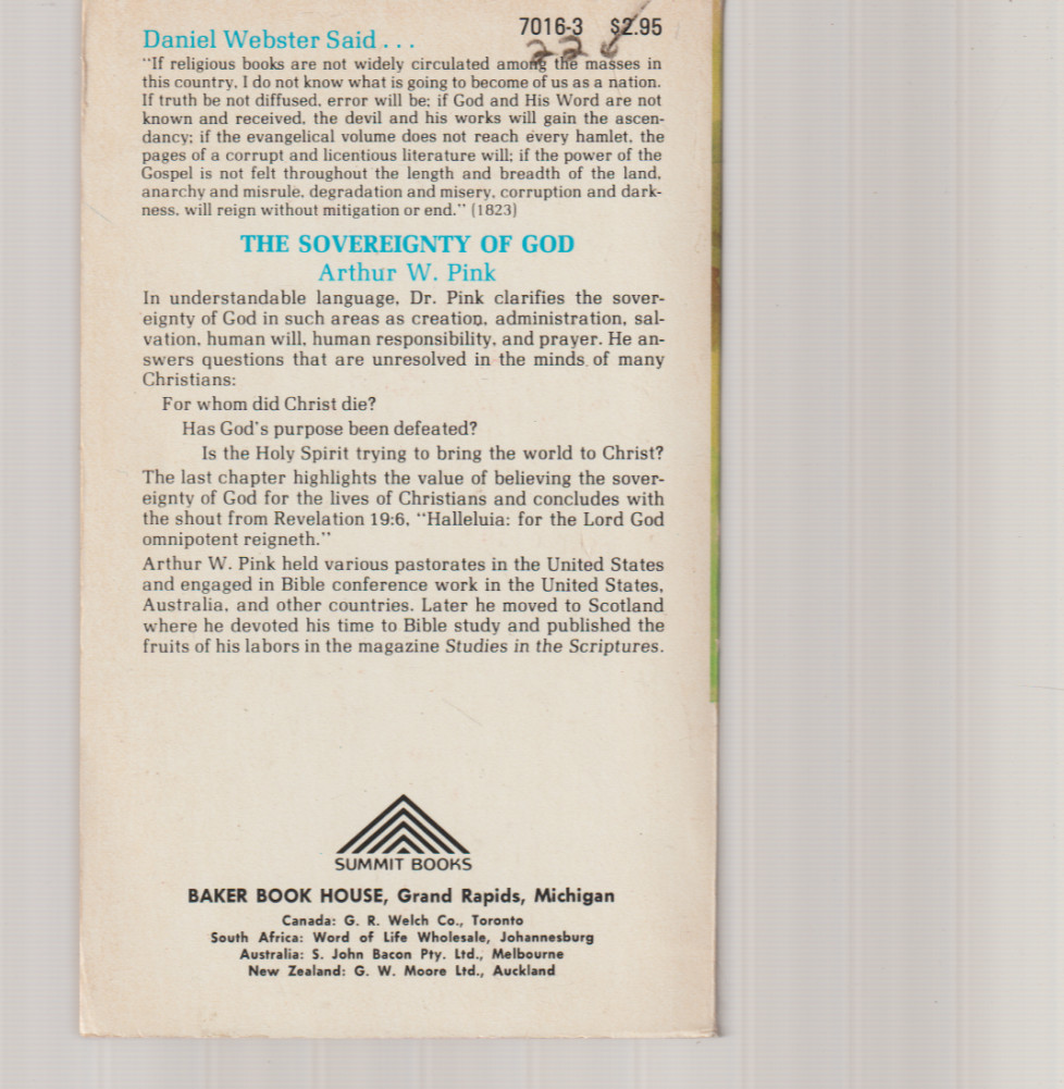 The Sovereignty Of God 1979 4th Baker Arthur W Pink ~ Ex-Library