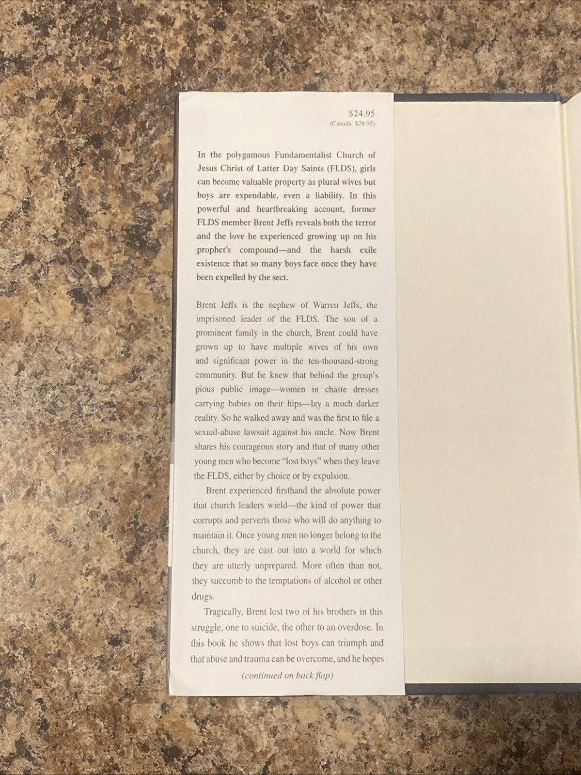 Lost Boy SIGNED by Brent W. Jeffs – 1st Printing Very Good + Hardcover
