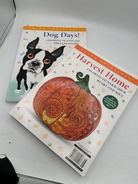 Set of 2 Adult Coloring Books Color Creatives Dog Days! & Harvest Home 124 Pages