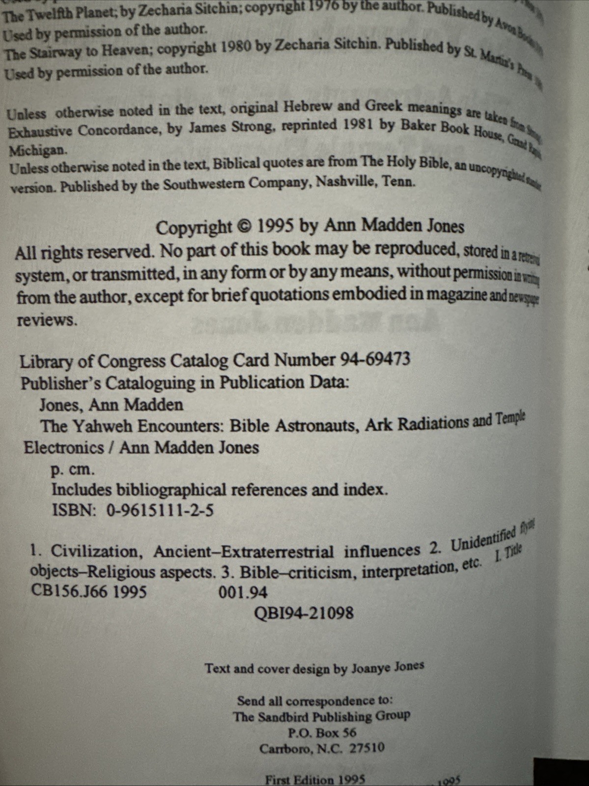 Ann Madden Jones – The Yahweh Encounters – First Edition 1995- The Sandbird Pub.