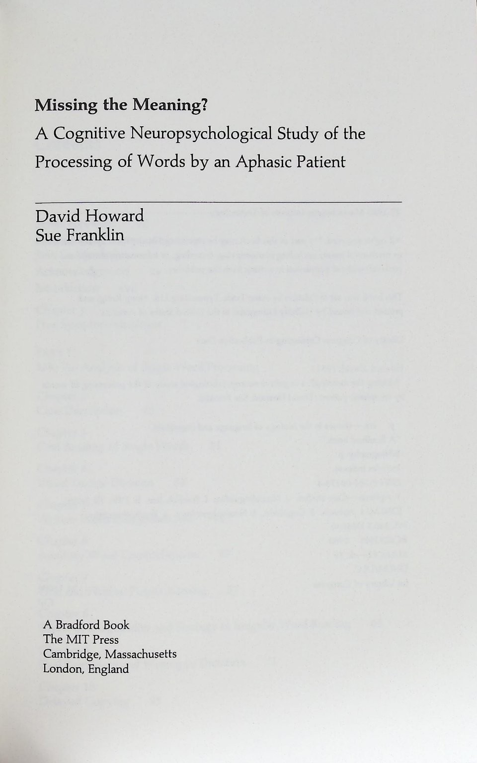 Missing the Meaning? Howard Franklin 1988 First Ed Aphasia MIT Press