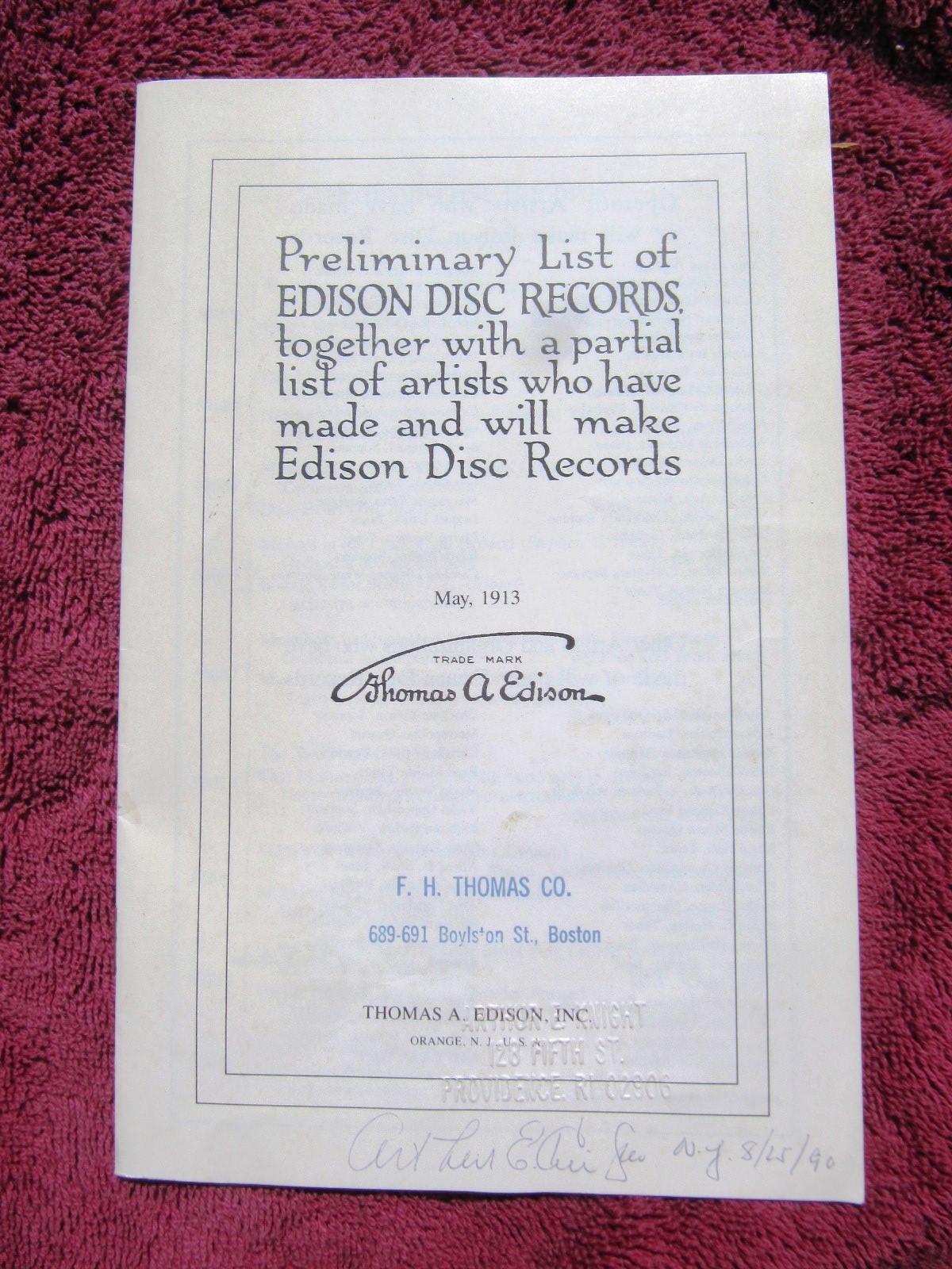 1913 PRELIMINARY LIST OF EDISON DISC RECORDS Diamond Re-Creation Catalog Thomas