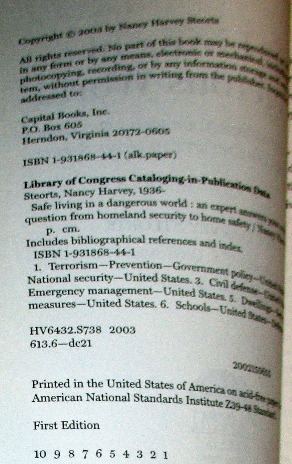 2003 Safe Living In a Dangerous World by Nancy Harvey Steorts SIGNED 232 Pages