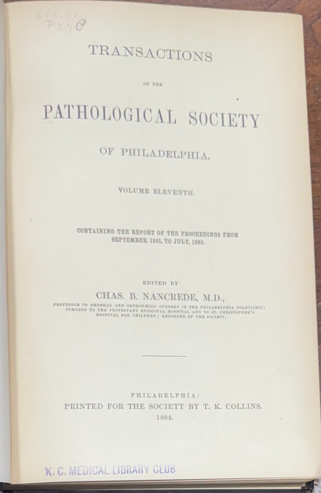 Transactions of the Pathological Society 1881-83 of Philadelphia 1884 Hardcover