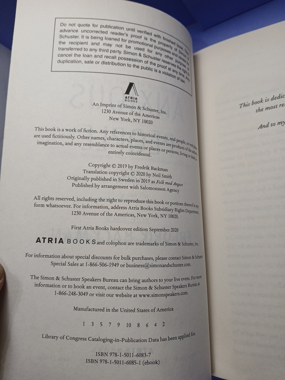 *ARC / Uncorrected Proof* Anxious People – Fredrik Backman (Atria, 2020)