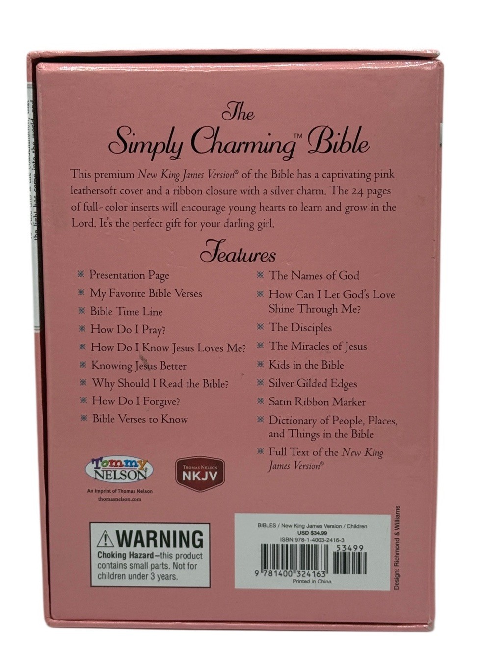 NKJV Simply Charming Bible Pink Hardcover Ribbon Cross Charm New