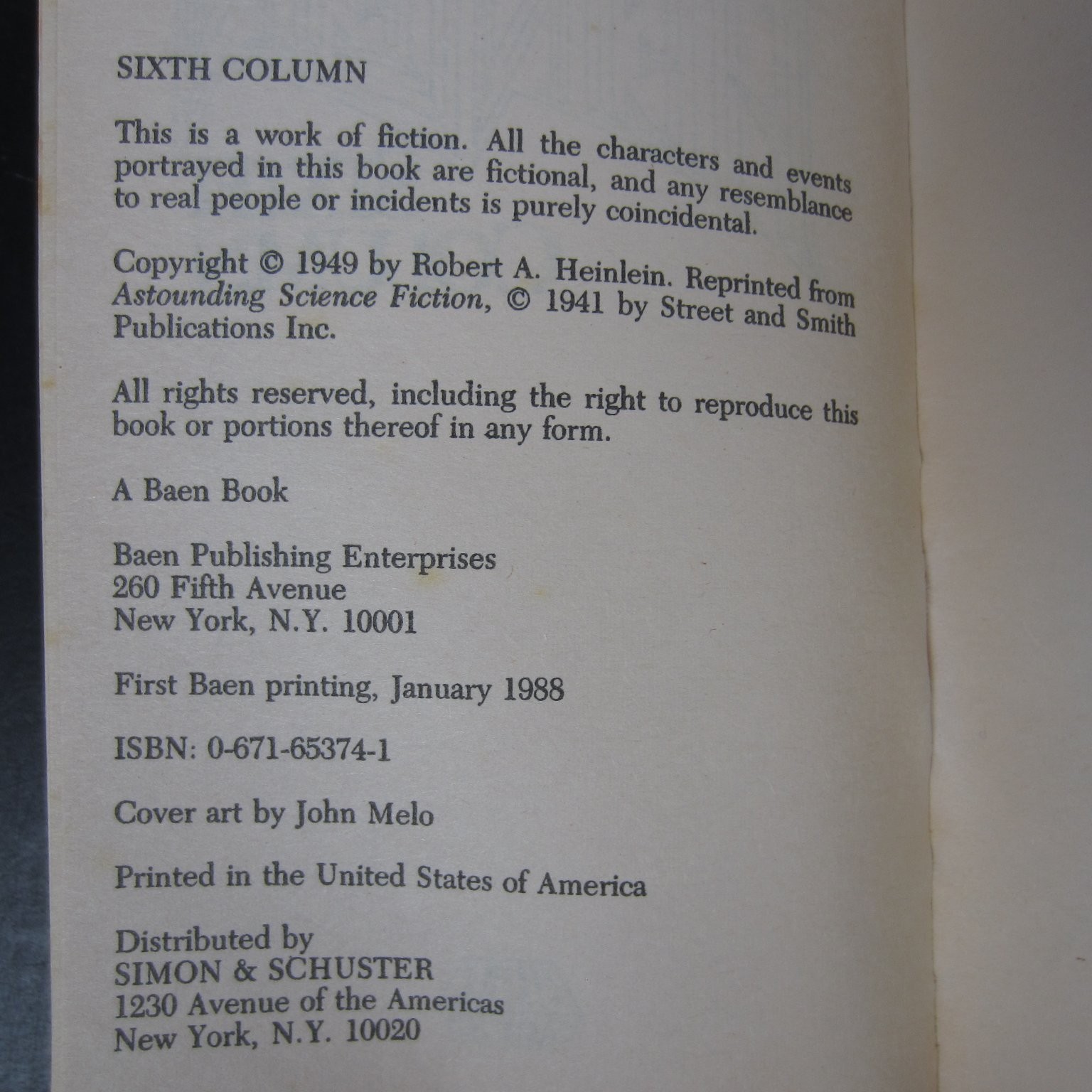 Sixth Column Robert Heinlein 1988 First Baen Printing Science Fiction Baen Books