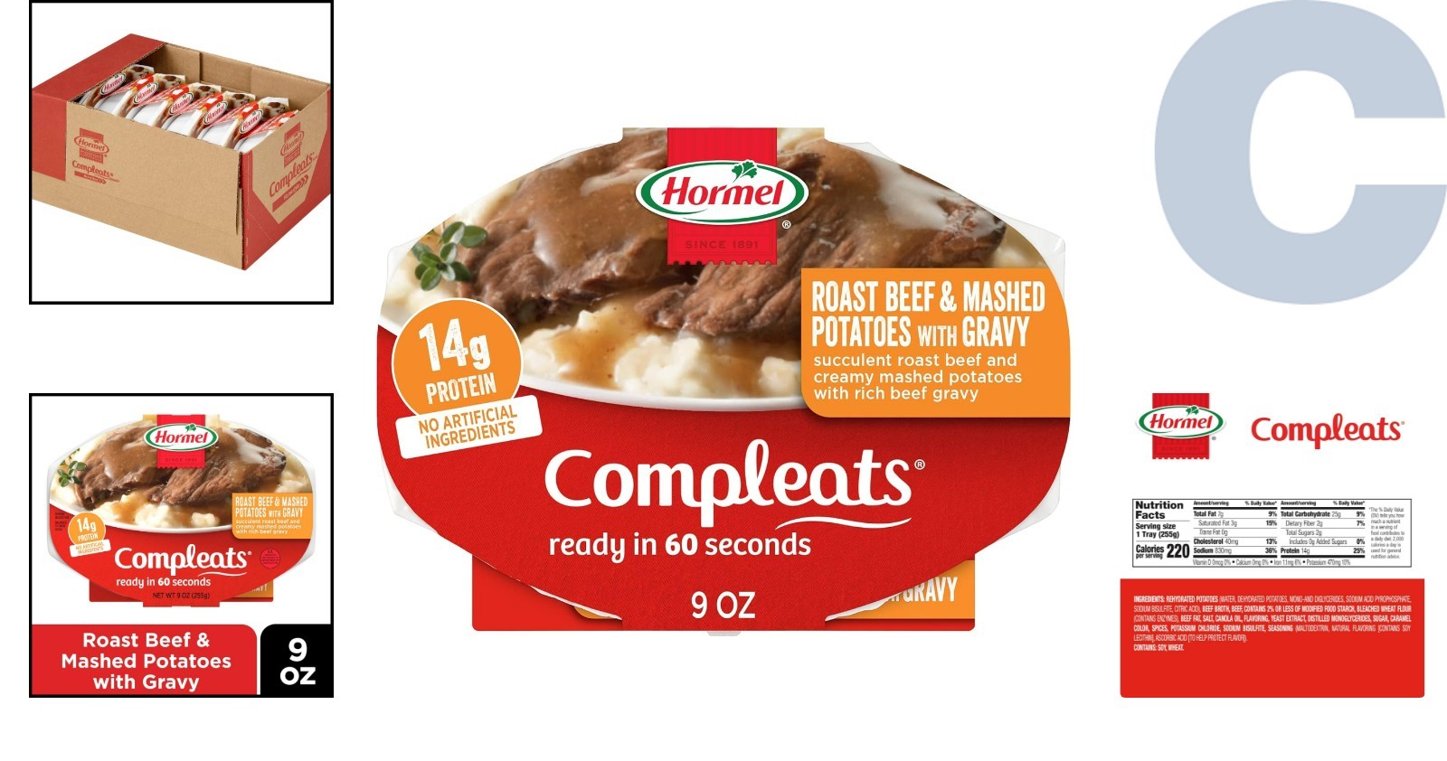 Hearty Microwave Roast Beef & Mashed Potatoes with Gravy – 9 oz. Trays, 6 Pack