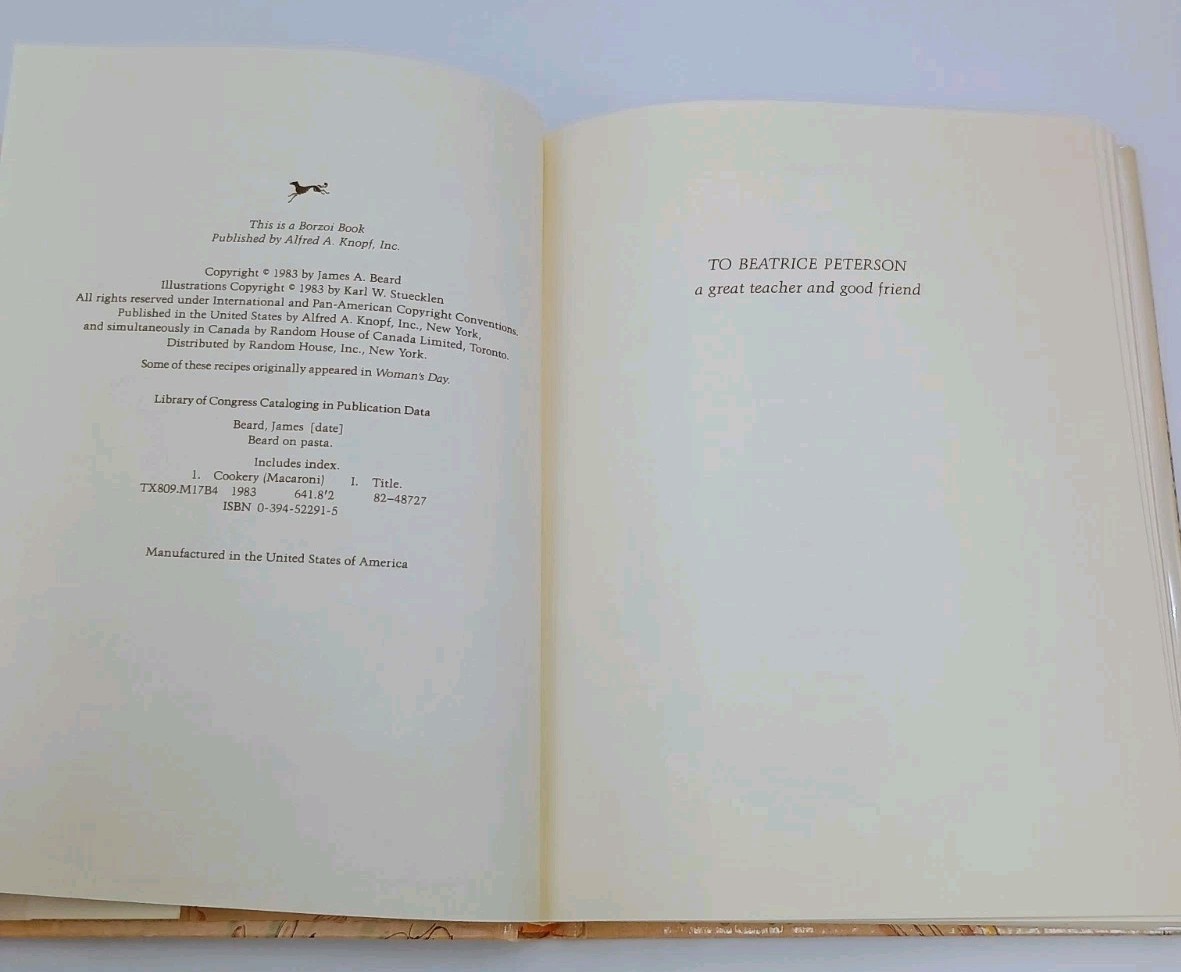 Beard on Pasta James Beard 1983 First Edition Hardcover Alfred A. Knopf Cookbook