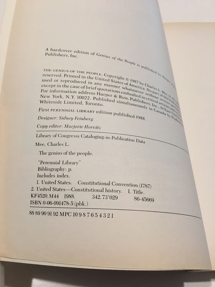 THE GENIUS OF THE PEOPLE BY CHARLES L. MEE JR. SC 1988 348 PAGES