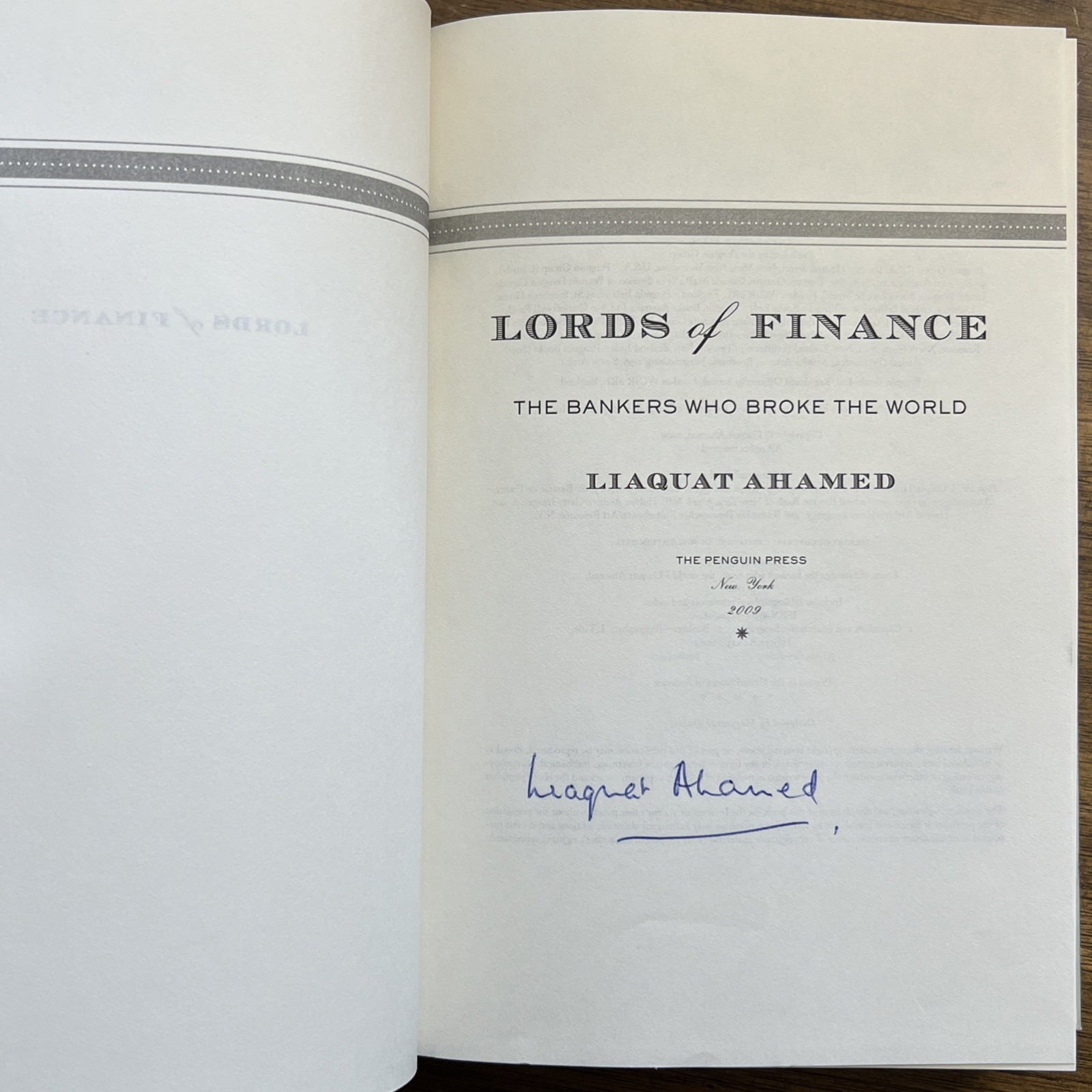 Lords of Finance The Bankers Who Broke the World *SIGNED By Ahamed Liaquat HCDJ