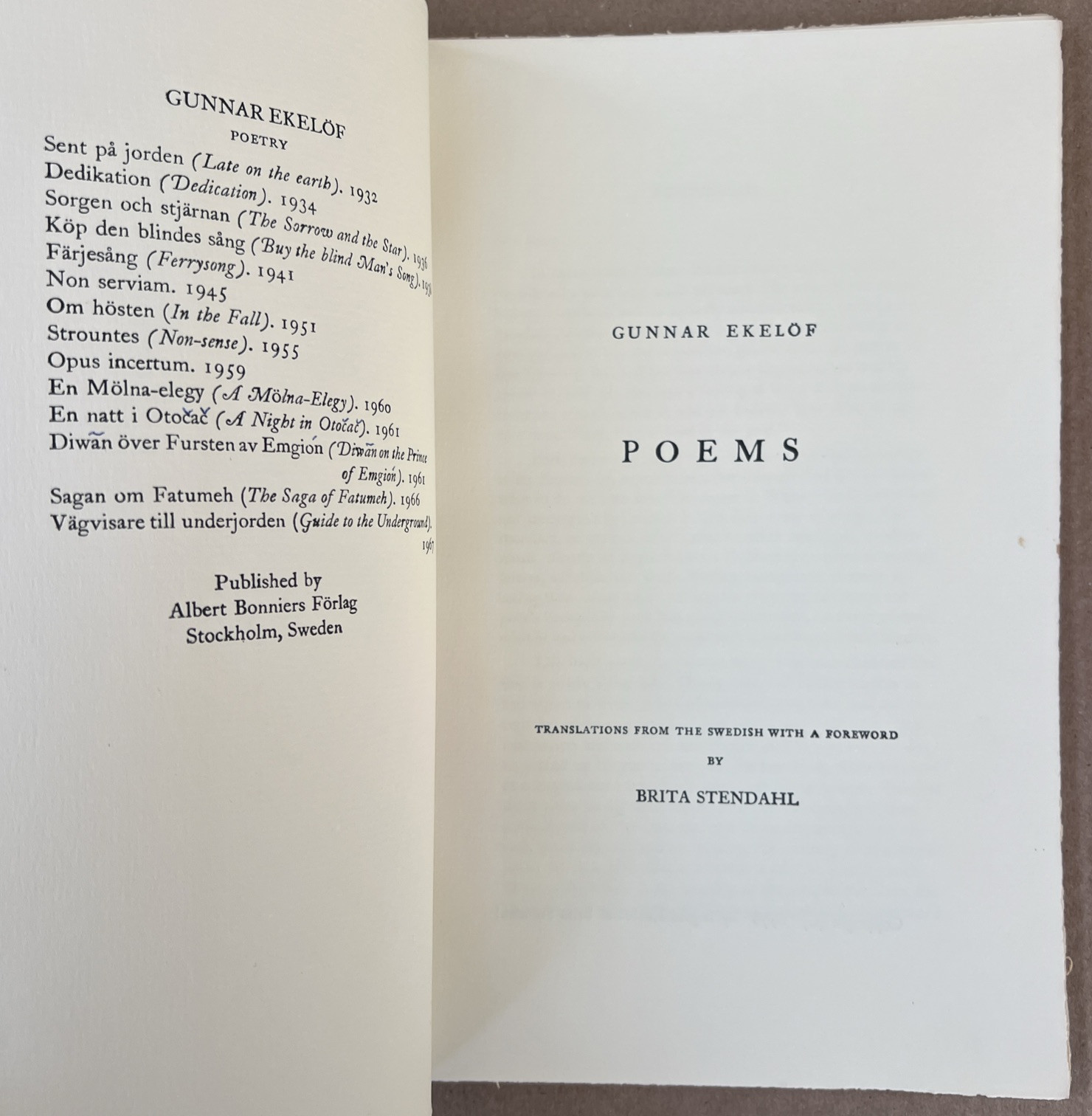 SWEDISH ENGLISH Poems Gunnar Ekelöf 1976 trans. Brita Stendahl LIMITED PRINTING