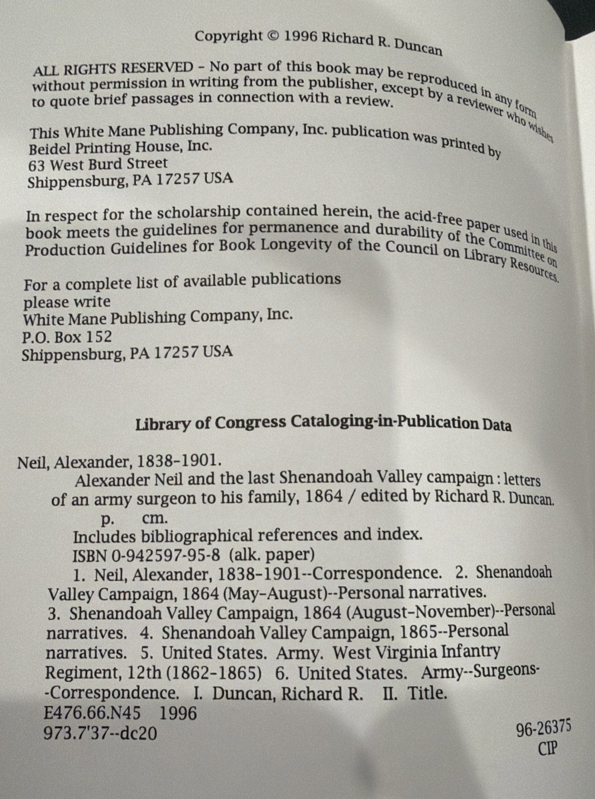 Alexander Neil and the Last Shenandoah Valley Campaign HCDJ 1st Edition