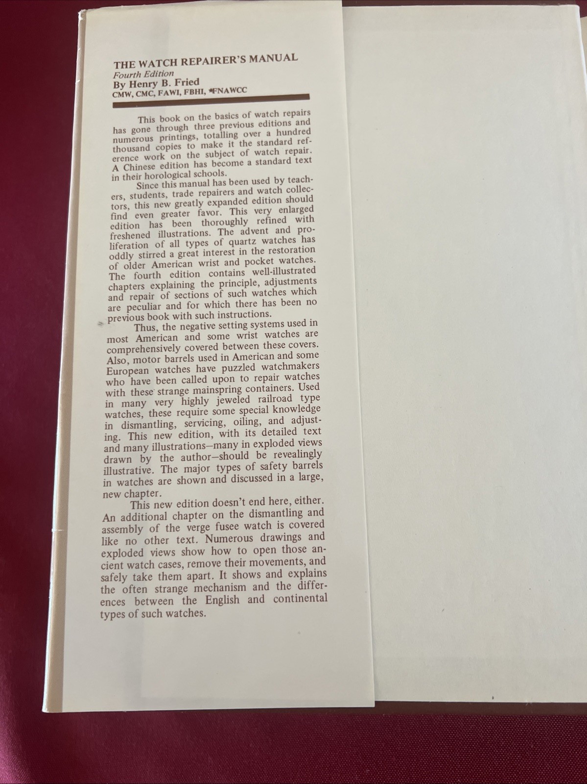 The Watch Repairer’s Manual 4th Ed 1986 Fried HC Tight Binding Excellent