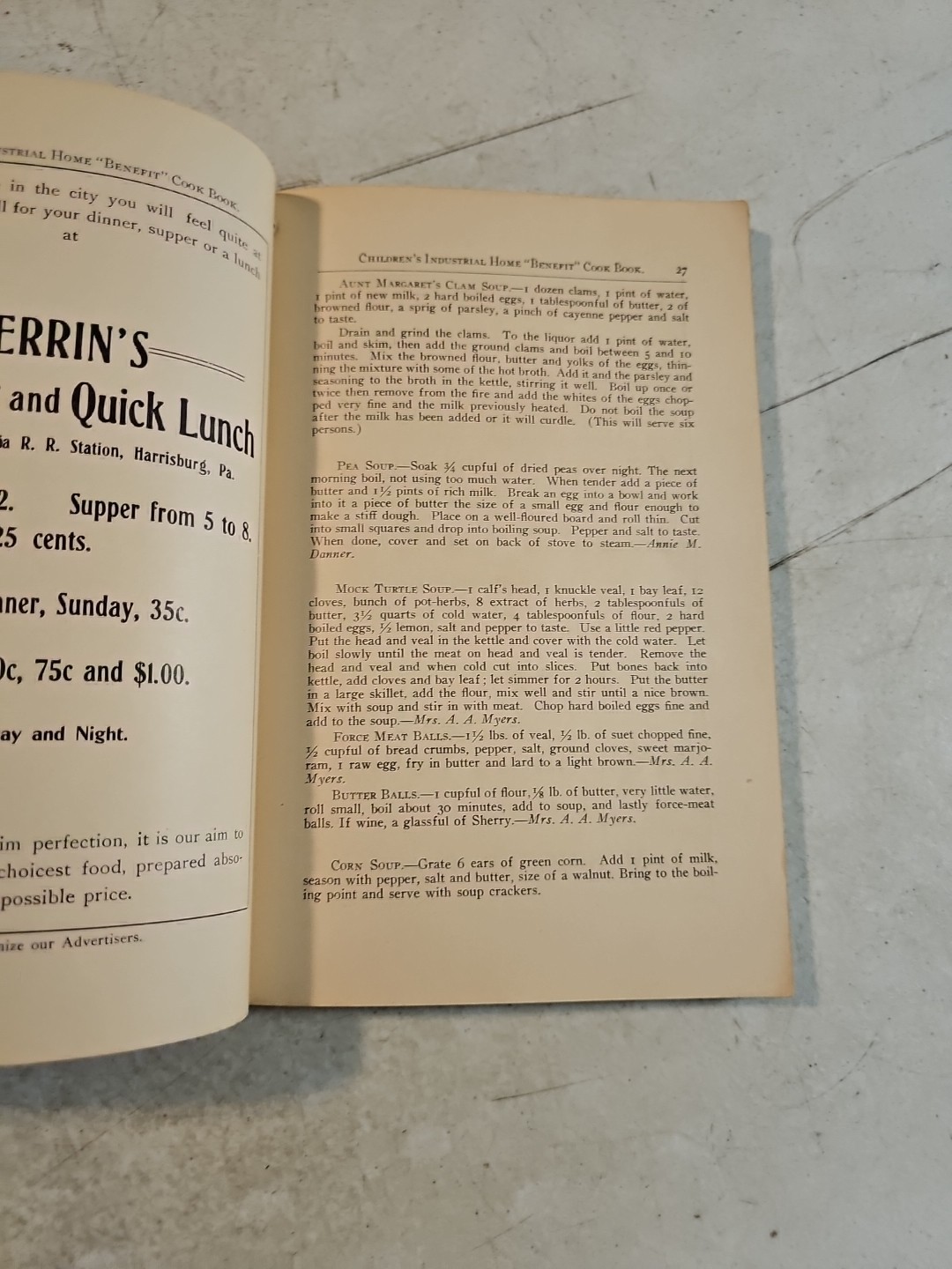 Vintage 1910’s The Children’s Industrial Home Benefit Cookbook. Harrisburg, PA