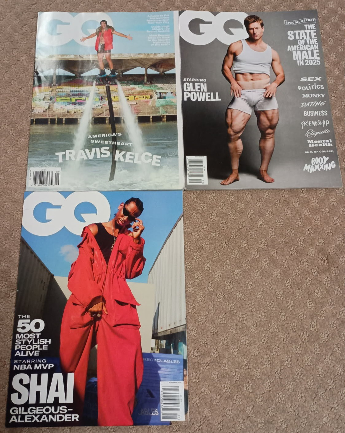 GQ USA Lot of Three (3) Magazines Sept Kelce, Oct Powell, Nov Shai 2025