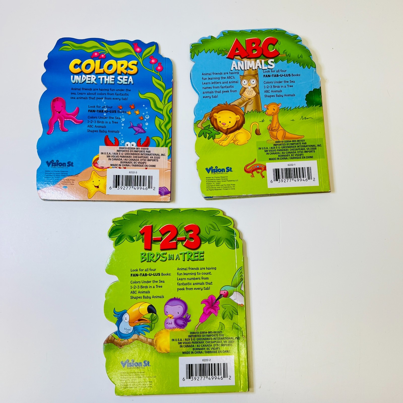 Vision St. Fan-Tab-U-Lus Board Books Lot of 3, 1-2-3 Birds in a Tre, Colors, ABC