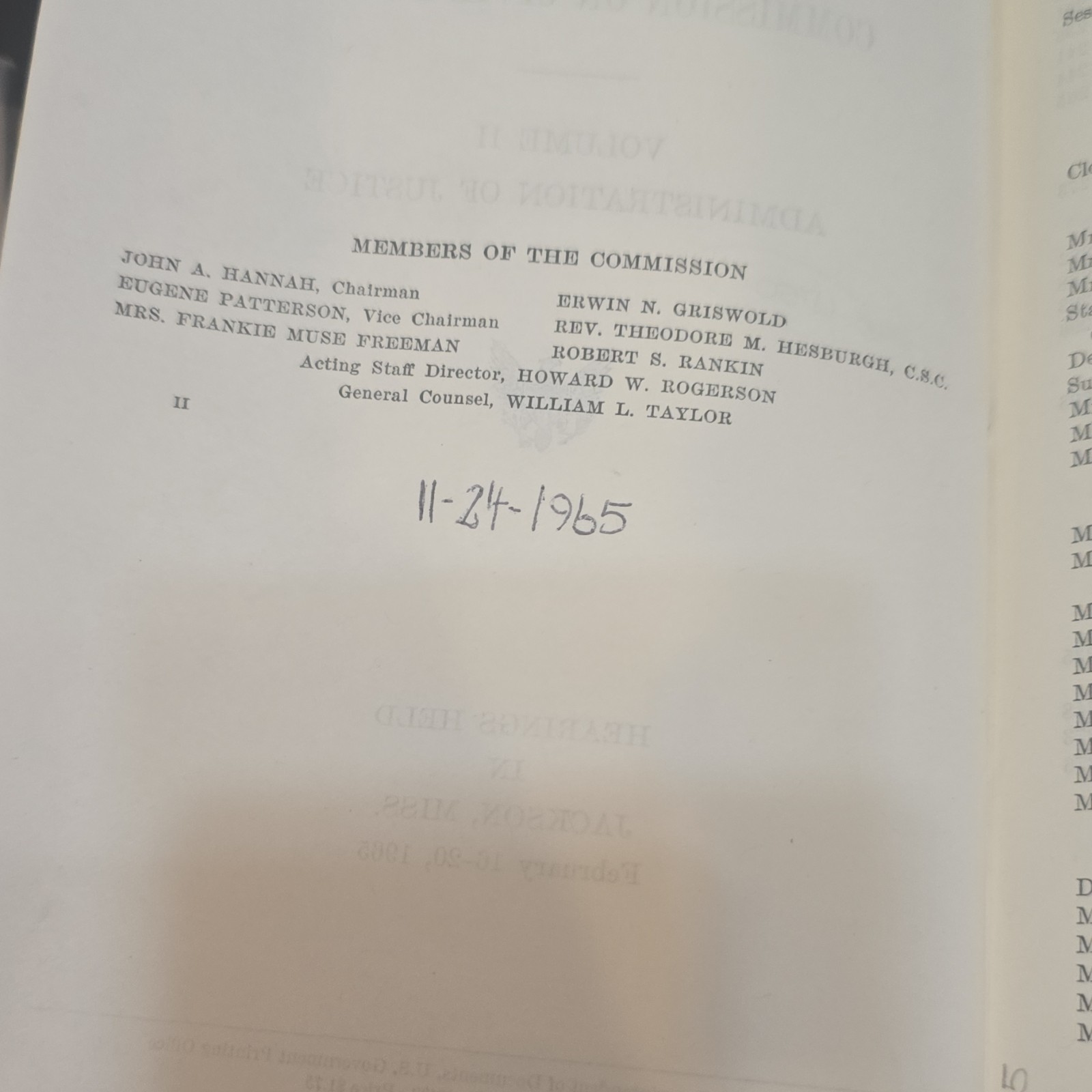 US Commission on Civil Rights Hearings Vol II Admin of Justice HC 1965 ExLib