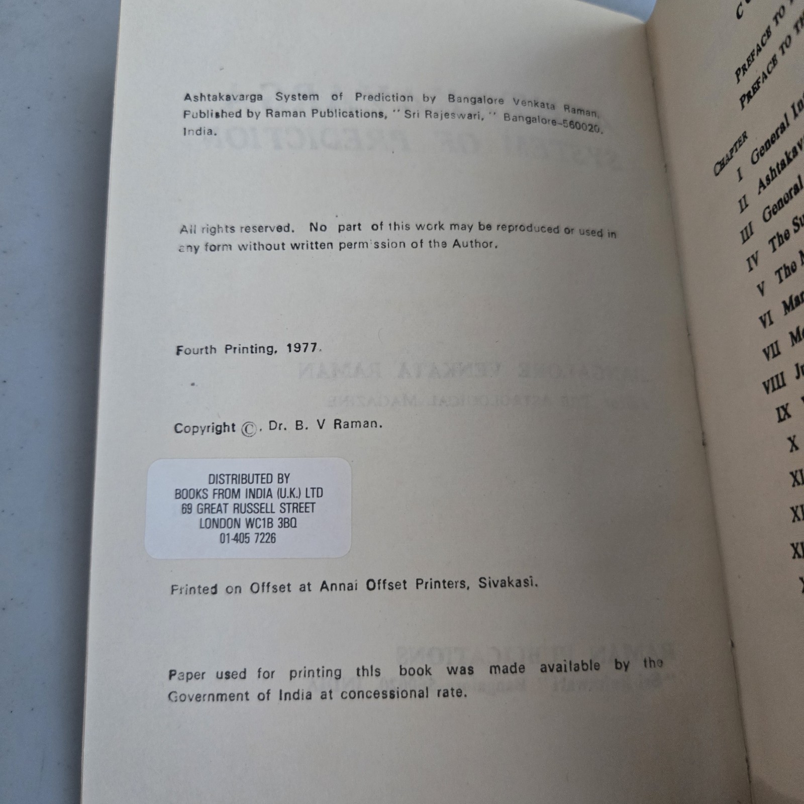 Ashtakavarga System of Prediction by B.V. Raman Vtg Paperback 1977 4th Printing