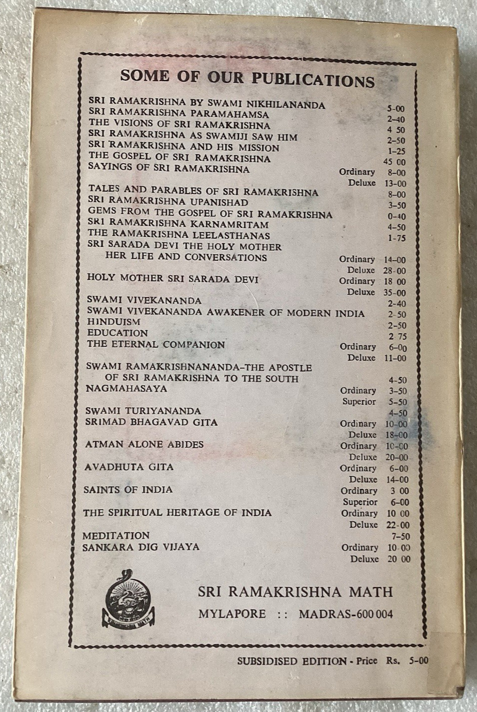 Condensed Gospel of Sri Ramakrishna/GOOD CLEAN UNMARKED 1978 INDIAN THIRD ED. PB