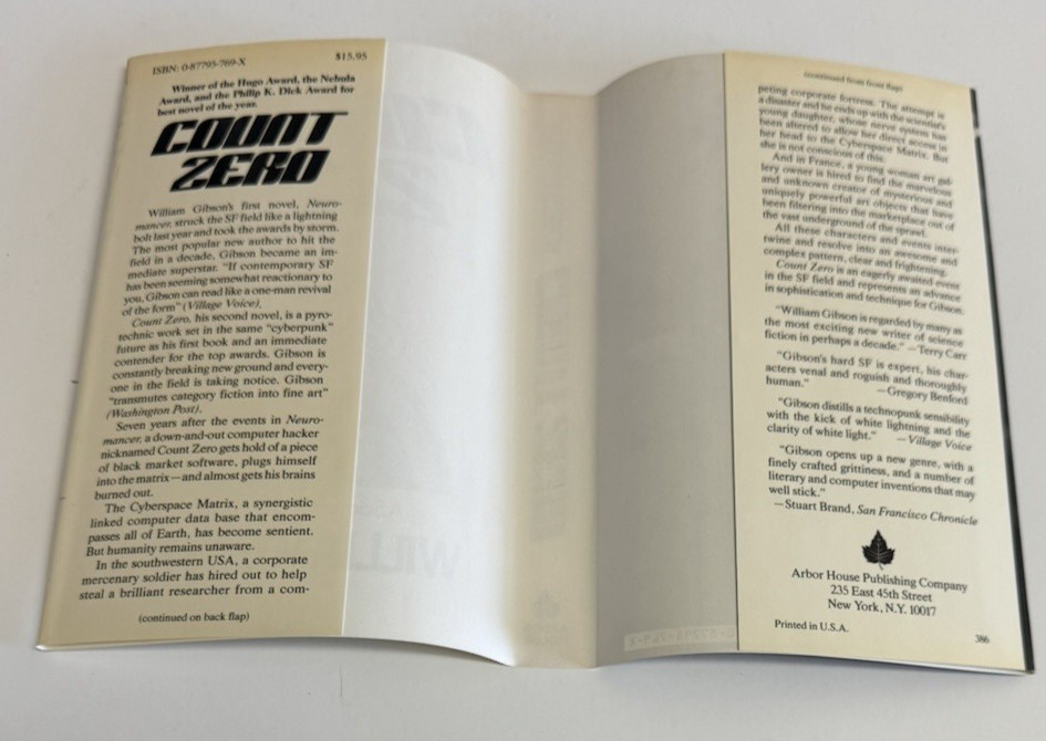 Count Zero William Gibson 1st Edition 1st Printing 1986 HC/DJ Cyberpunk Rare
