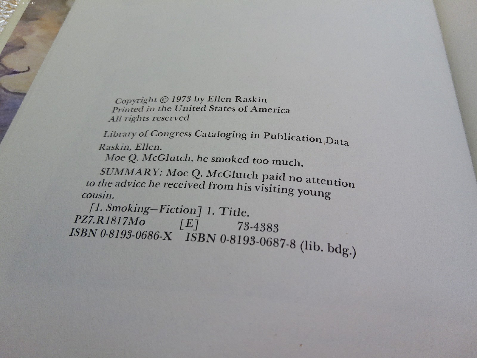 Moe W McGlutch he smoked too much Ellen Raskin book HB 1973 dated