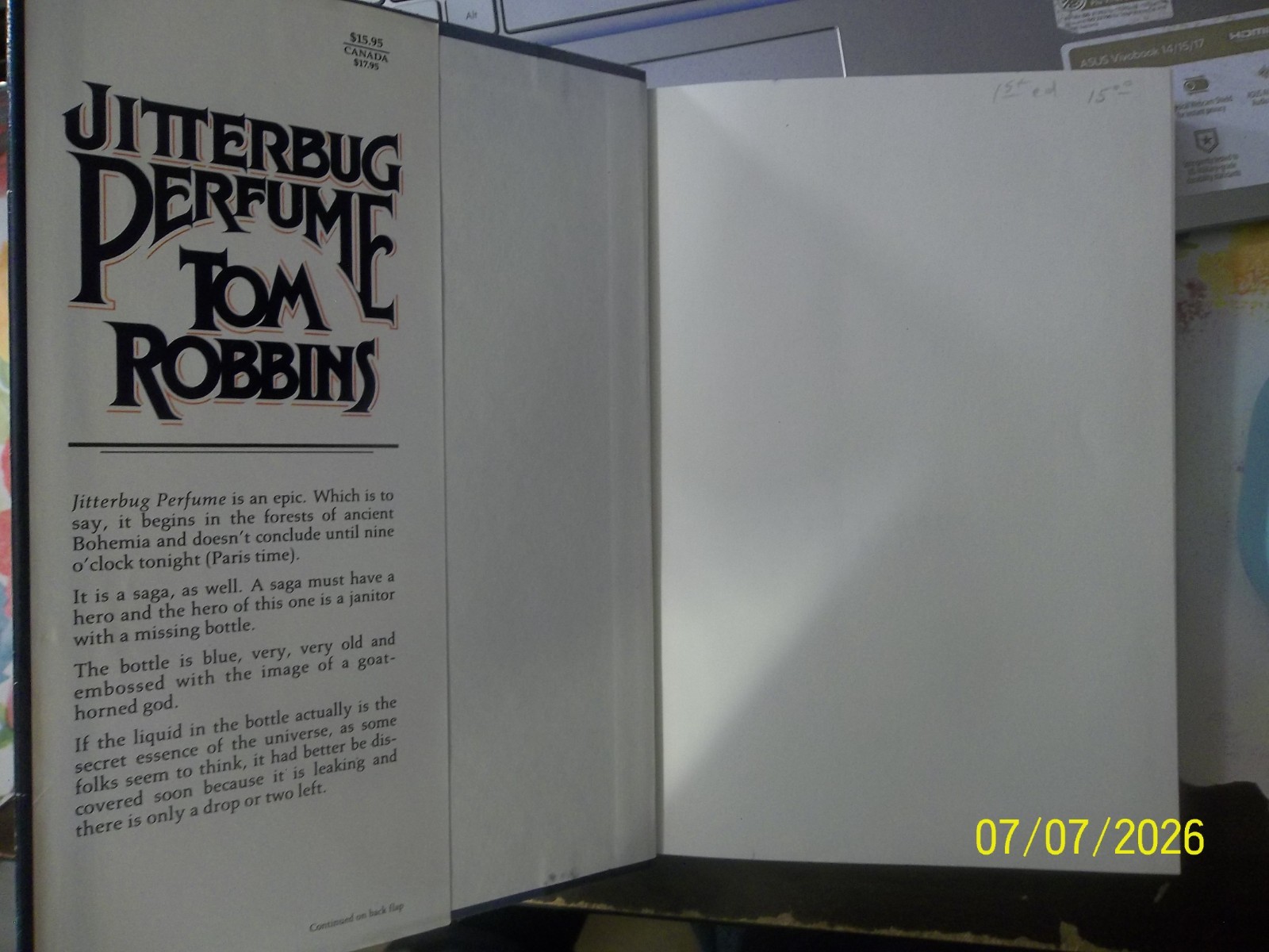 JITTERBUG PERFUME~by TOM ROBBINS~1984 VG/C 1st ED. HARDCOVER BOOK~W/DUST COVER