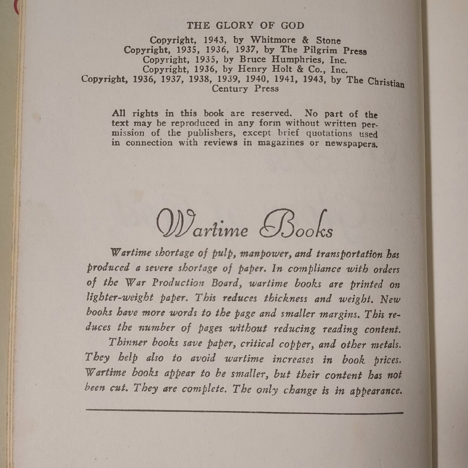 The Glory of God: Poems and Prayers for Devotional Use Book 1943 – SEE DESC