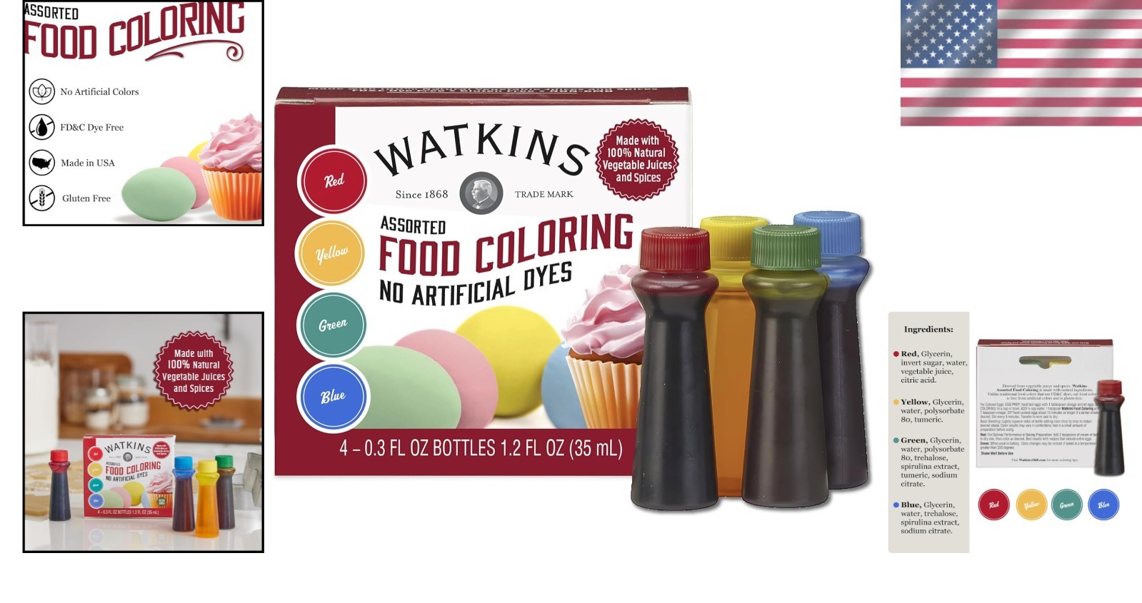 Natural Assorted Food Coloring – Red, Yellow, Green & Blue | 4 Bottles 0.3 oz