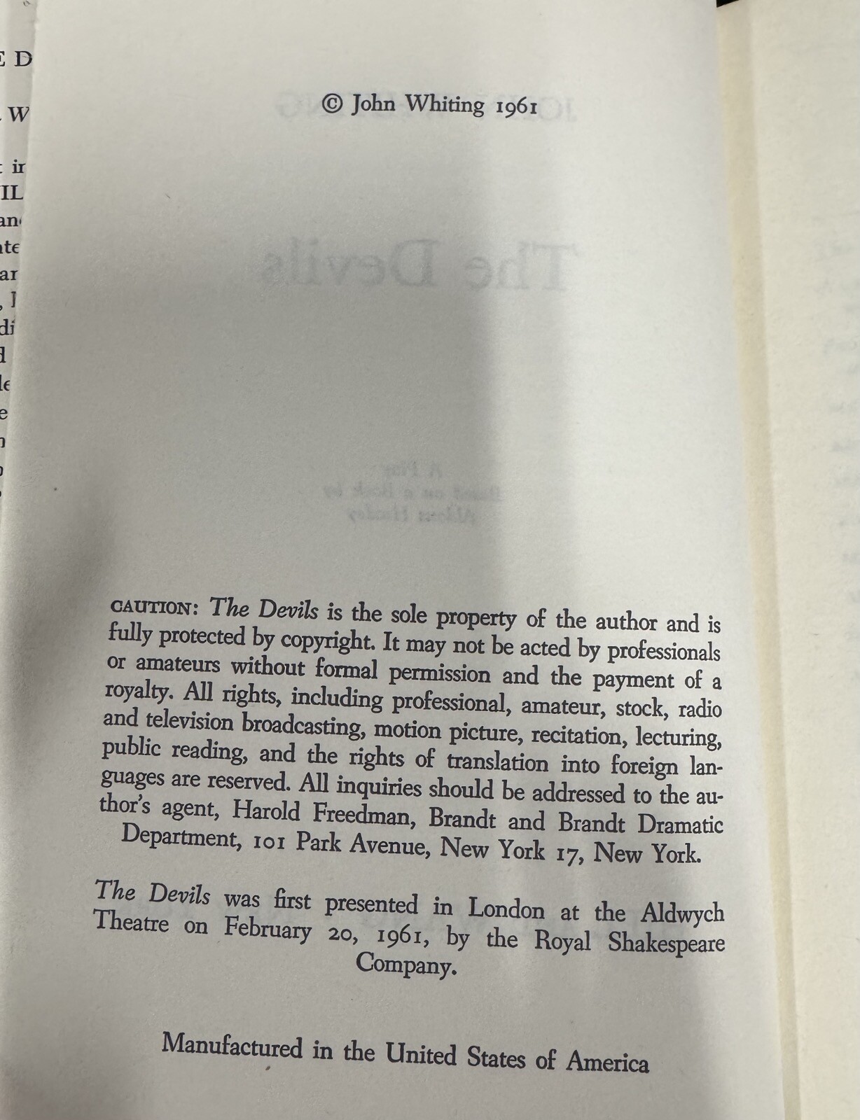 The Devils by John Whiting (1961, Hill and Wang) Hardcover HCDJ